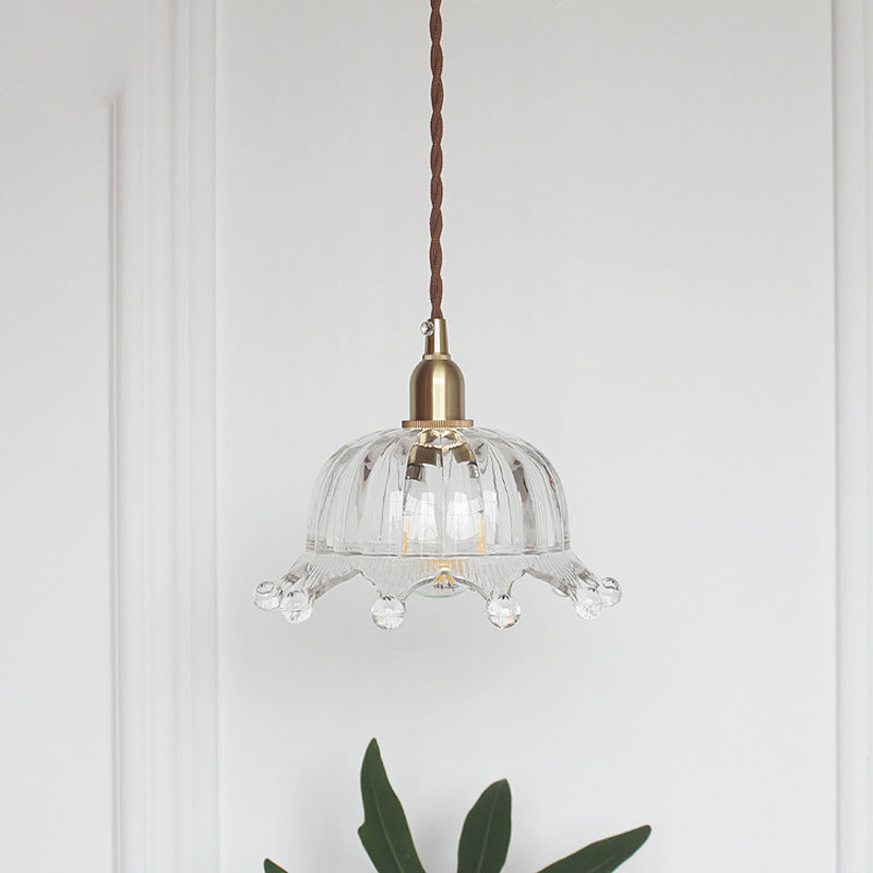 Traditional Japanese Brass Flower Glass Shade 1-Light Pendant Light For Bedroom