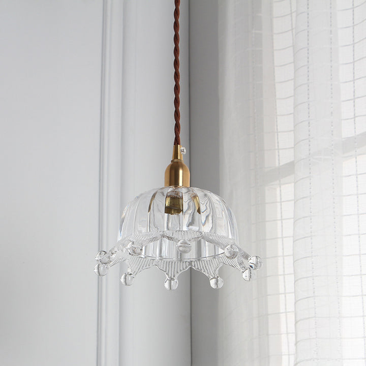 Traditional Japanese Brass Flower Glass Shade 1-Light Pendant Light For Bedroom