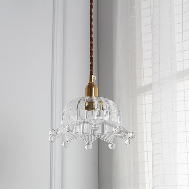 Traditional Japanese Brass Flower Glass Shade 1-Light Pendant Light For Bedroom
