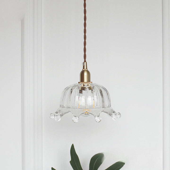 Traditional Japanese Brass Flower Glass Shade 1-Light Pendant Light For Bedroom