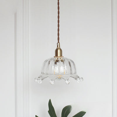 Traditional Japanese Brass Flower Glass Shade 1-Light Pendant Light For Bedroom