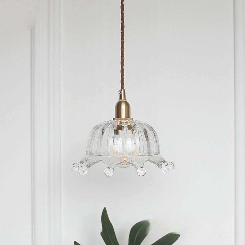 Traditional Japanese Brass Flower Glass Shade 1-Light Pendant Light For Bedroom