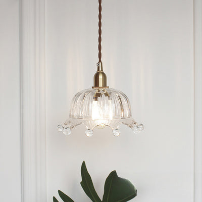 Traditional Japanese Brass Flower Glass Shade 1-Light Pendant Light For Bedroom