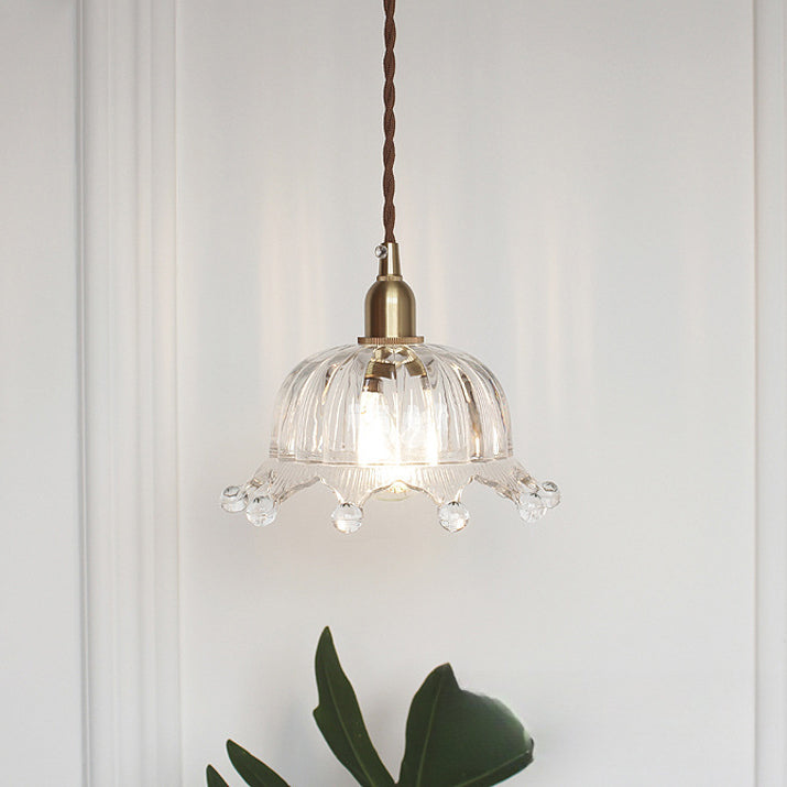 Traditional Japanese Brass Flower Glass Shade 1-Light Pendant Light For Bedroom