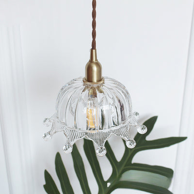 Traditional Japanese Brass Flower Glass Shade 1-Light Pendant Light For Bedroom