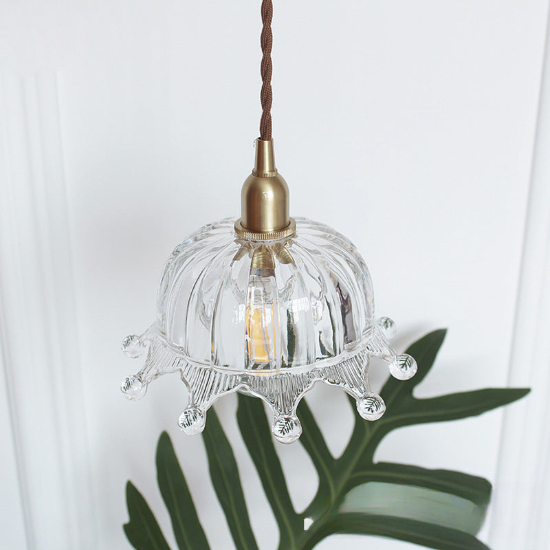 Traditional Japanese Brass Flower Glass Shade 1-Light Pendant Light For Bedroom