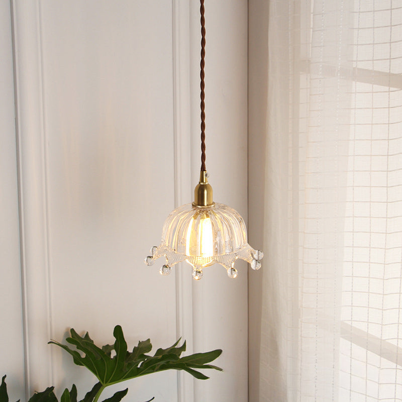 Traditional Japanese Brass Flower Glass Shade 1-Light Pendant Light For Bedroom