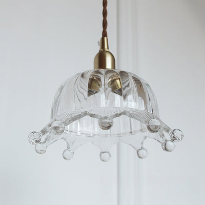 Traditional Japanese Brass Flower Glass Shade 1-Light Pendant Light For Bedroom