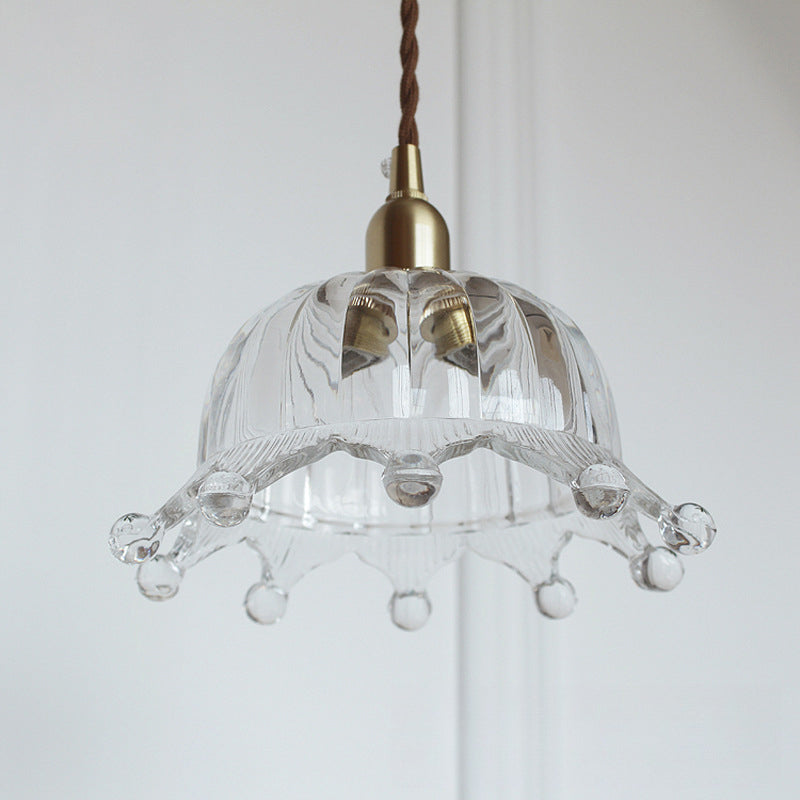 Traditional Japanese Brass Flower Glass Shade 1-Light Pendant Light For Bedroom