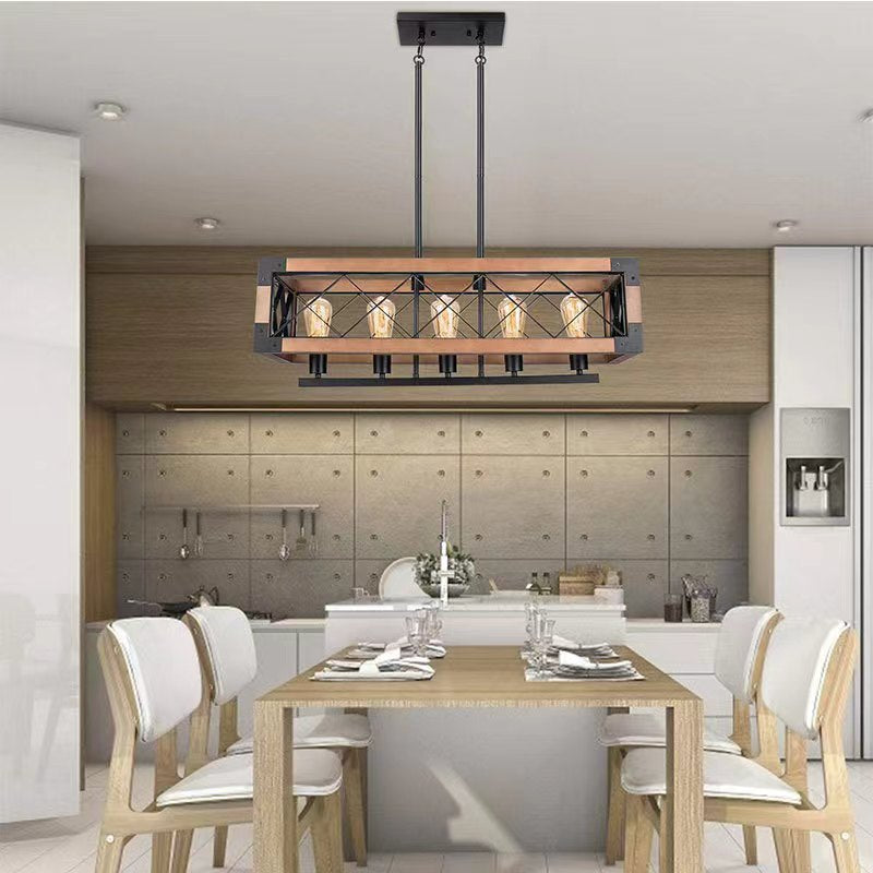 Ferme traditionnelle Cadre carré en bois massif Fer à 1/4/5 lumières Lustre pour îlot pour salle à manger 