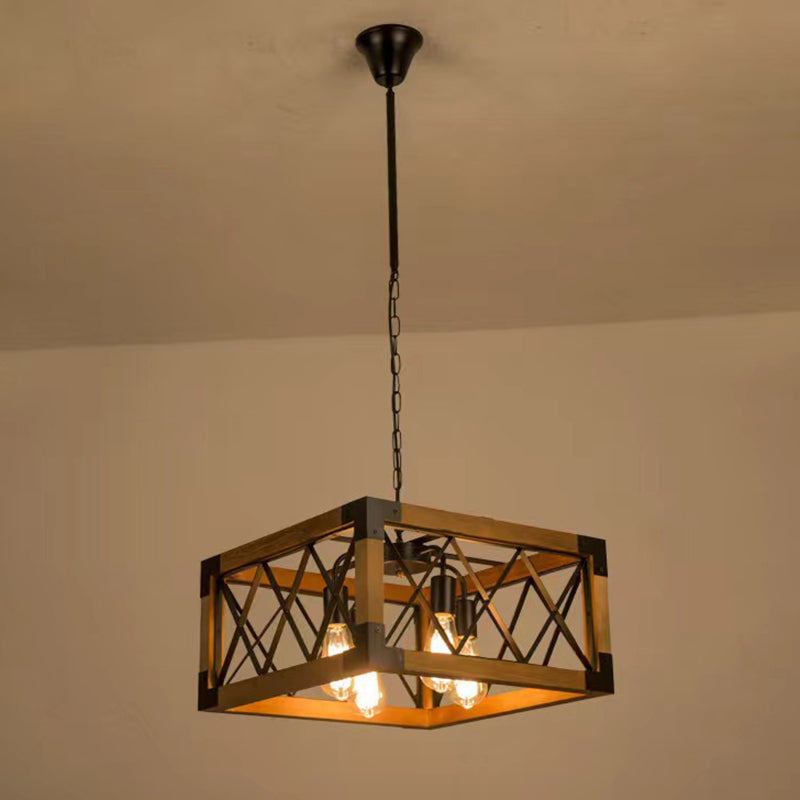 Ferme traditionnelle Cadre carré en bois massif Fer à 1/4/5 lumières Lustre pour îlot pour salle à manger 