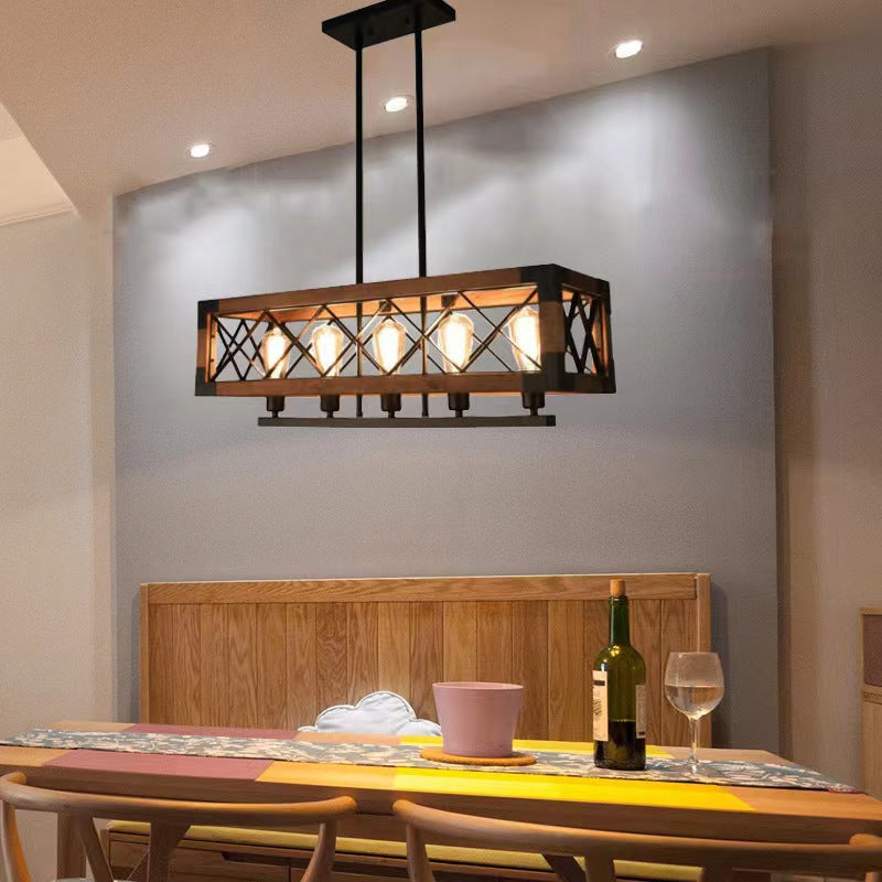 Ferme traditionnelle Cadre carré en bois massif Fer à 1/4/5 lumières Lustre pour îlot pour salle à manger 