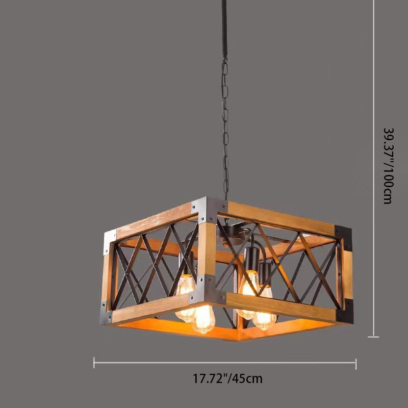 Ferme traditionnelle Cadre carré en bois massif Fer à 1/4/5 lumières Lustre pour îlot pour salle à manger 