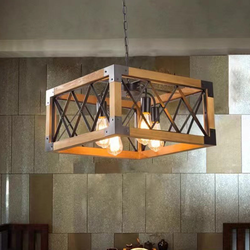 Ferme traditionnelle Cadre carré en bois massif Fer à 1/4/5 lumières Lustre pour îlot pour salle à manger 