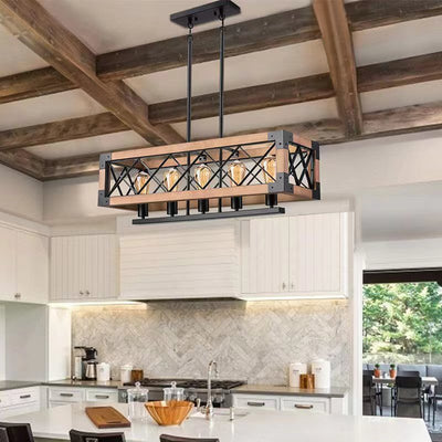Ferme traditionnelle Cadre carré en bois massif Fer à 1/4/5 lumières Lustre pour îlot pour salle à manger 