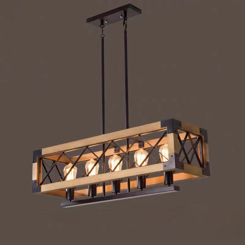 Ferme traditionnelle Cadre carré en bois massif Fer à 1/4/5 lumières Lustre pour îlot pour salle à manger 