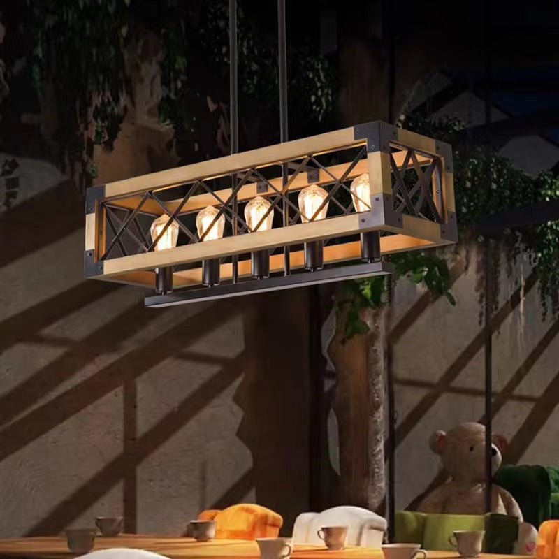 Ferme traditionnelle Cadre carré en bois massif Fer à 1/4/5 lumières Lustre pour îlot pour salle à manger 