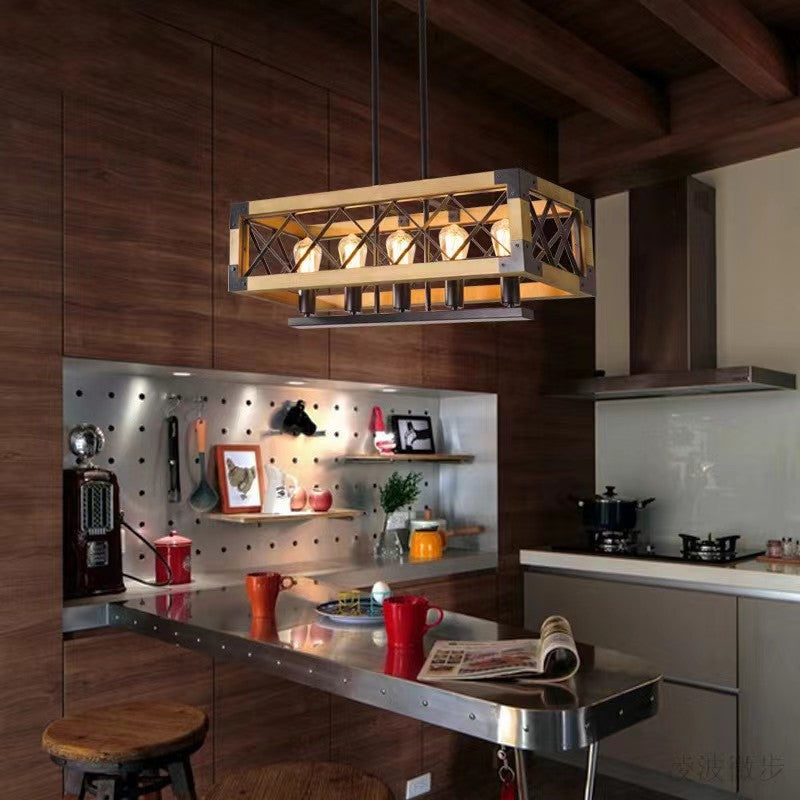 Ferme traditionnelle Cadre carré en bois massif Fer à 1/4/5 lumières Lustre pour îlot pour salle à manger 
