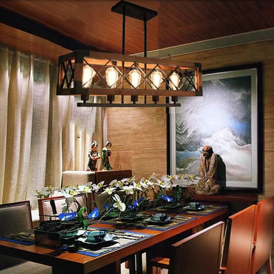 Ferme traditionnelle Cadre carré en bois massif Fer à 1/4/5 lumières Lustre pour îlot pour salle à manger 