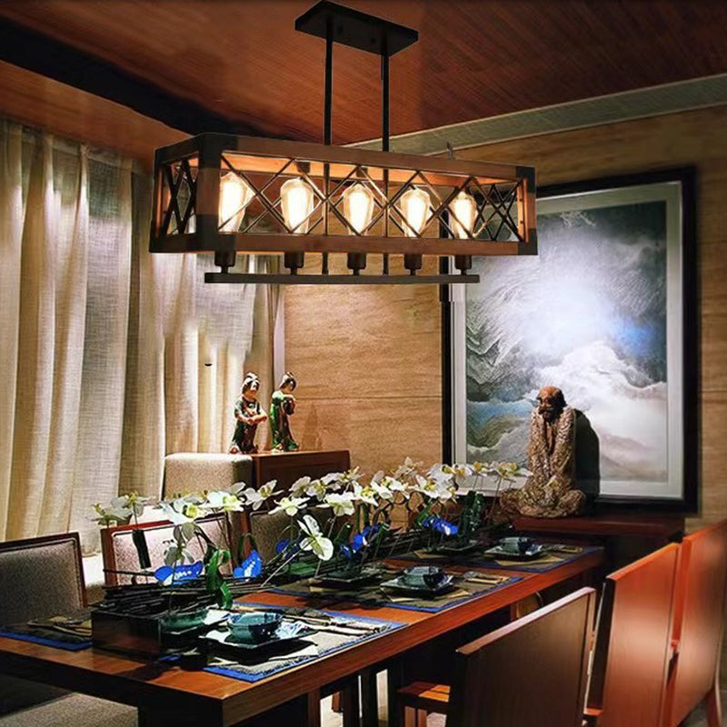 Ferme traditionnelle Cadre carré en bois massif Fer à 1/4/5 lumières Lustre pour îlot pour salle à manger 