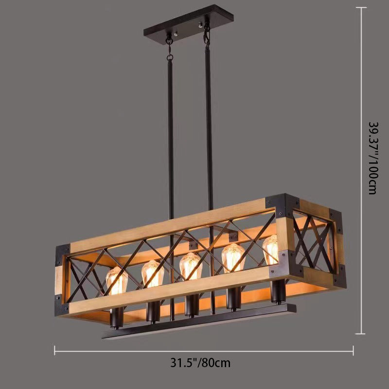 Ferme traditionnelle Cadre carré en bois massif Fer à 1/4/5 lumières Lustre pour îlot pour salle à manger 