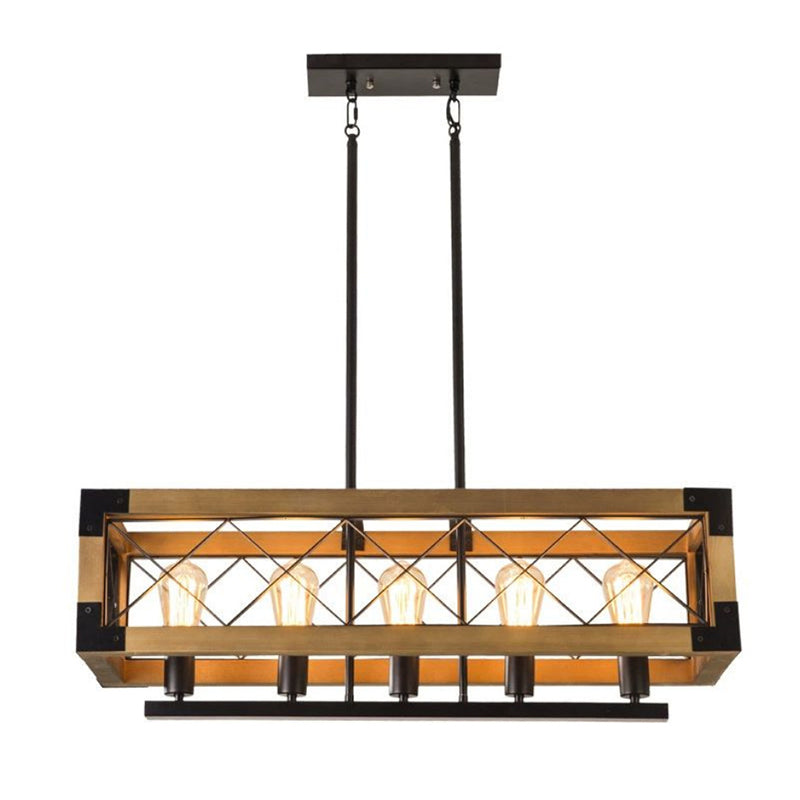Ferme traditionnelle Cadre carré en bois massif Fer à 1/4/5 lumières Lustre pour îlot pour salle à manger 