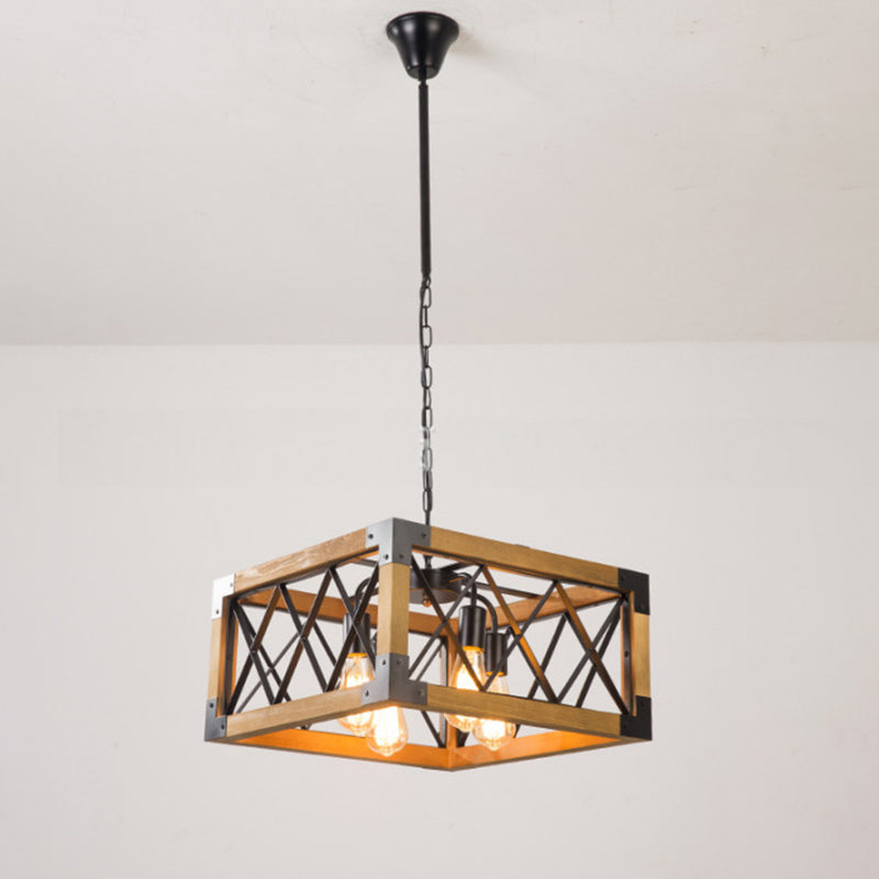 Ferme traditionnelle Cadre carré en bois massif Fer à 1/4/5 lumières Lustre pour îlot pour salle à manger 