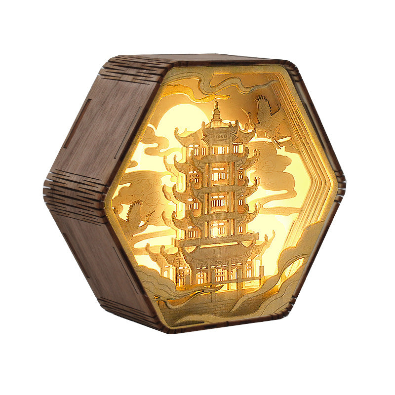 Zeitgenössische Kreative Holzschnitzerei Hexagonaler Rahmen LED Tischlampe Für Schlafzimmer 