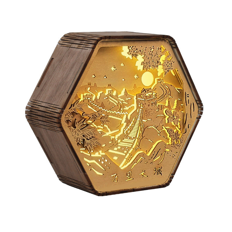 Zeitgenössische Kreative Holzschnitzerei Hexagonaler Rahmen LED Tischlampe Für Schlafzimmer 