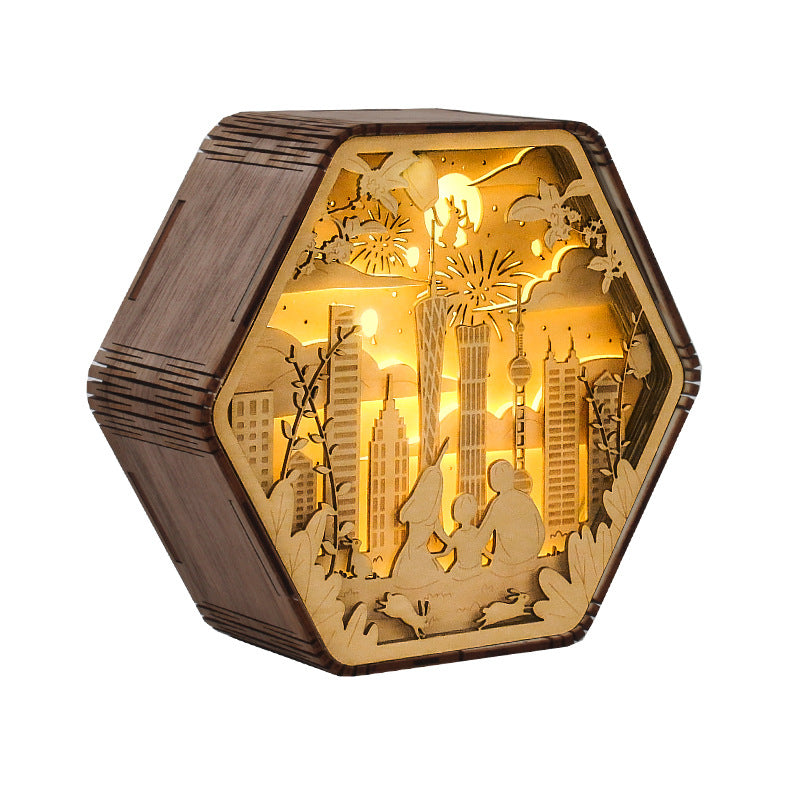 Zeitgenössische Kreative Holzschnitzerei Hexagonaler Rahmen LED Tischlampe Für Schlafzimmer 