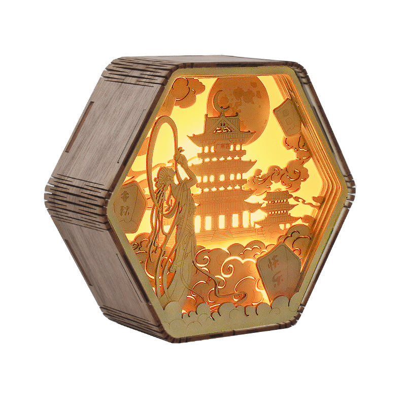 Zeitgenössische Kreative Holzschnitzerei Hexagonaler Rahmen LED Tischlampe Für Schlafzimmer 