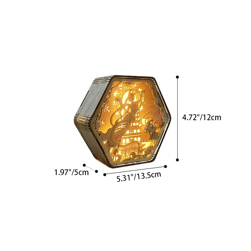 Zeitgenössische Kreative Holzschnitzerei Hexagonaler Rahmen LED Tischlampe Für Schlafzimmer 
