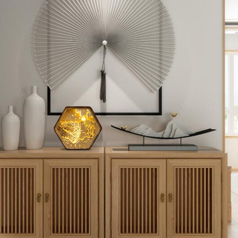 Contemporary Creative Wooden Carving Hexagonal Frame LED Table Lamp For Bedroom