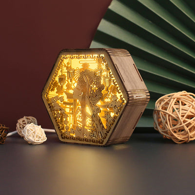 Contemporary Creative Wooden Carving Hexagonal Frame LED Table Lamp For Bedroom