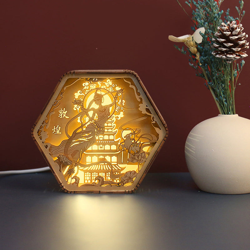 Zeitgenössische Kreative Holzschnitzerei Hexagonaler Rahmen LED Tischlampe Für Schlafzimmer 