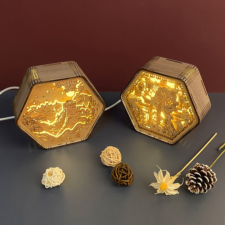 Zeitgenössische Kreative Holzschnitzerei Hexagonaler Rahmen LED Tischlampe Für Schlafzimmer 