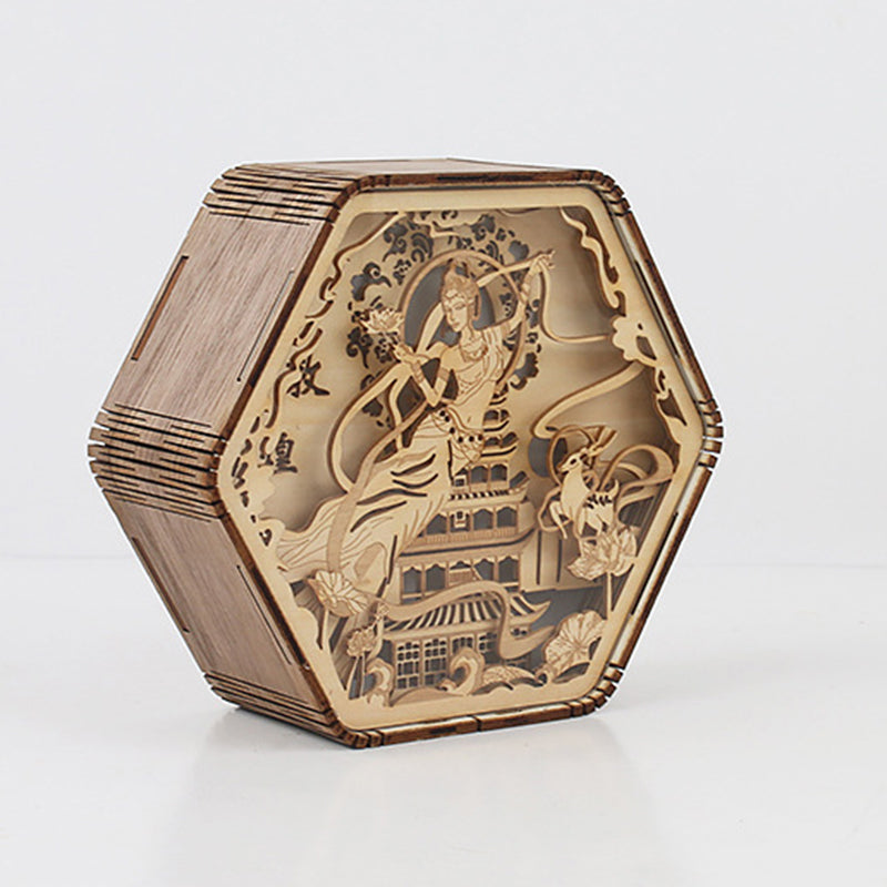 Contemporary Creative Wooden Carving Hexagonal Frame LED Table Lamp For Bedroom