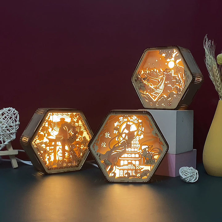 Zeitgenössische Kreative Holzschnitzerei Hexagonaler Rahmen LED Tischlampe Für Schlafzimmer 