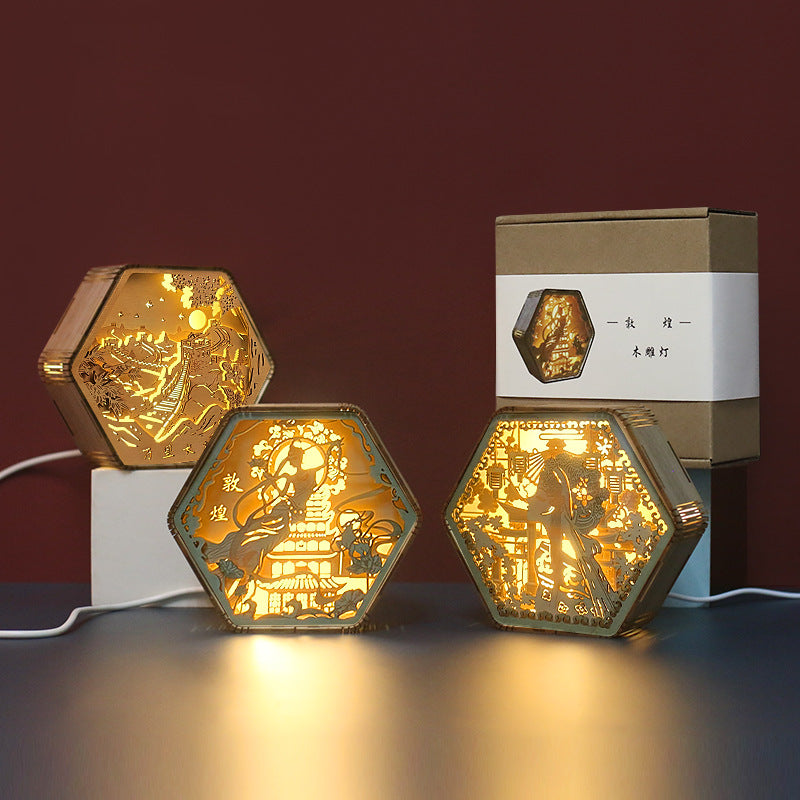 Zeitgenössische Kreative Holzschnitzerei Hexagonaler Rahmen LED Tischlampe Für Schlafzimmer 