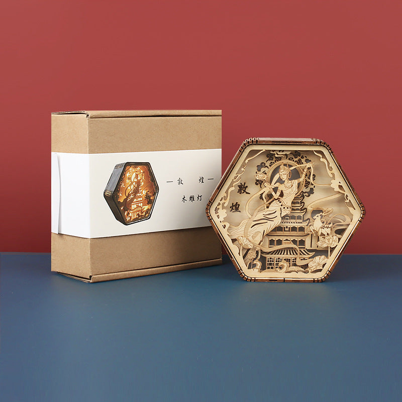 Zeitgenössische Kreative Holzschnitzerei Hexagonaler Rahmen LED Tischlampe Für Schlafzimmer 