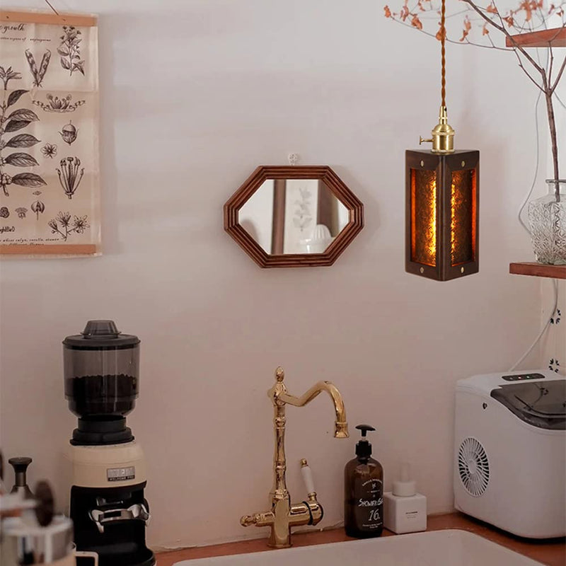 Traditional Japanese Flower Pattern Glass Triangular Prism Shade Walnut 1-Light Pendant Light For Bedroom