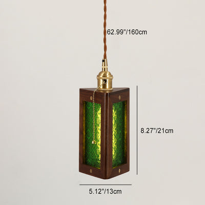 Traditional Japanese Flower Pattern Glass Triangular Prism Shade Walnut 1-Light Pendant Light For Bedroom
