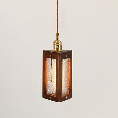 Traditional Japanese Flower Pattern Glass Triangular Prism Shade Walnut 1-Light Pendant Light For Bedroom