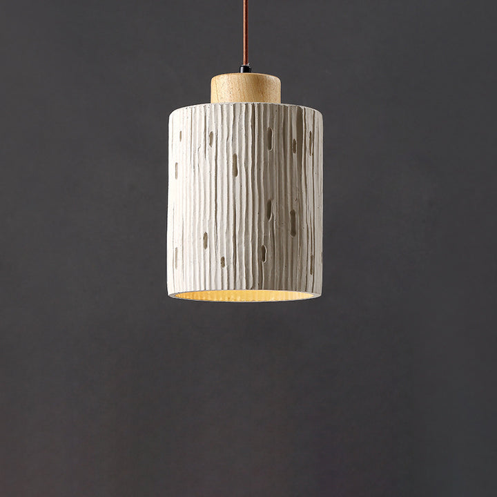 Traditional Japanese Vertical Grained Concrete Cylinder 1-Light Pendant Light For Bedroom
