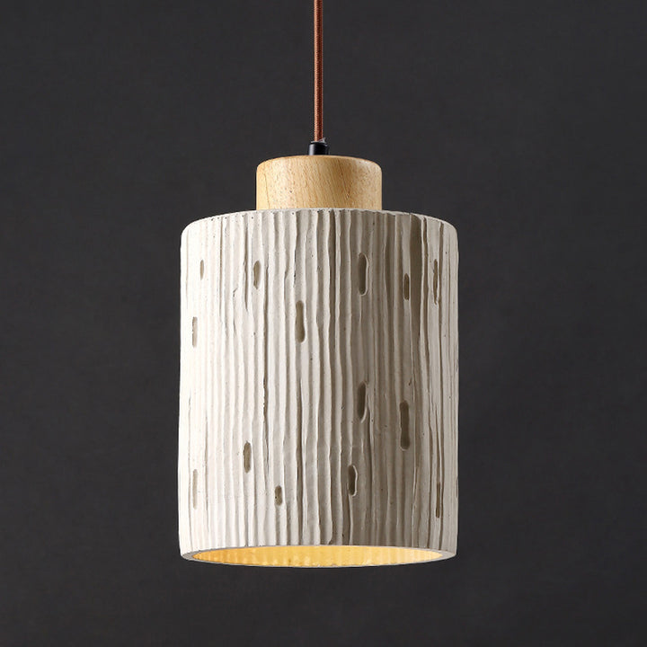 Traditional Japanese Vertical Grained Concrete Cylinder 1-Light Pendant Light For Bedroom