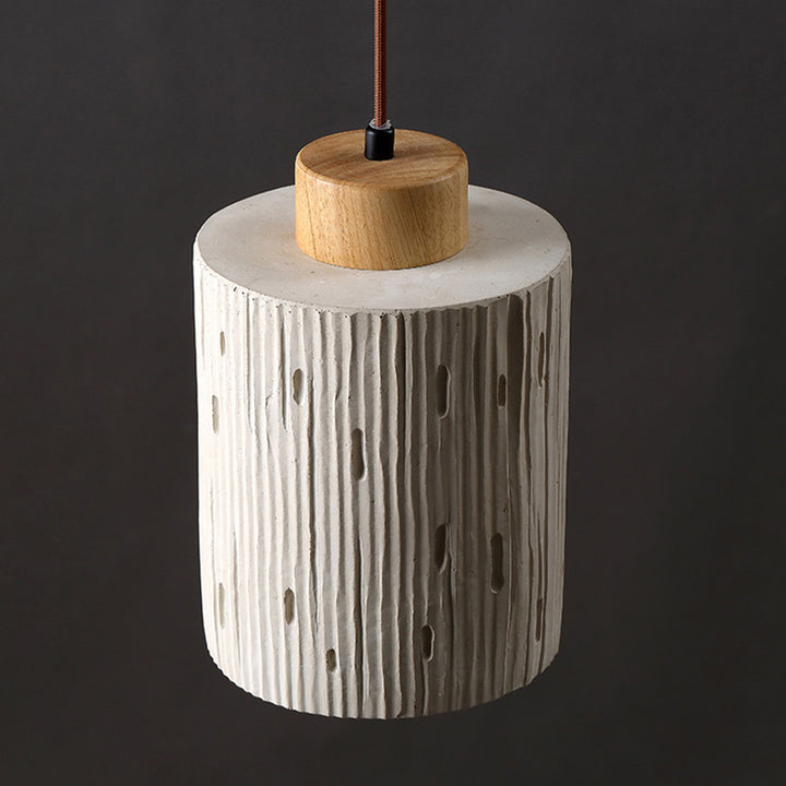 Traditional Japanese Vertical Grained Concrete Cylinder 1-Light Pendant Light For Bedroom