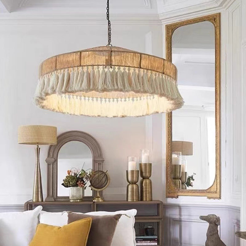 Suspension Luminaire Contemporain Bohème en Corde Tressée Ronde avec Gland 1-Lumière pour Salon 