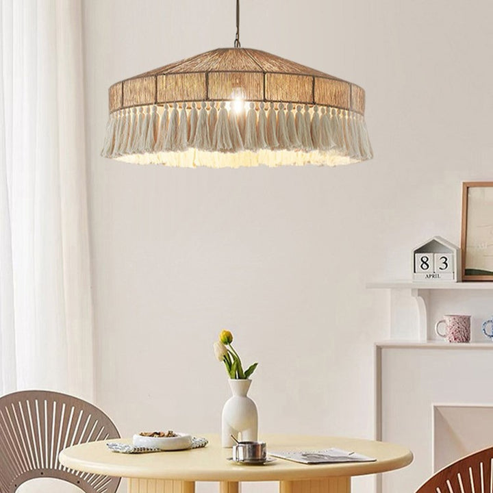 Suspension Luminaire Contemporain Bohème en Corde Tressée Ronde avec Gland 1-Lumière pour Salon 