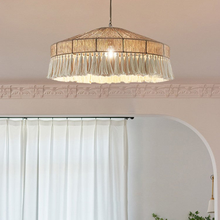 Suspension Luminaire Contemporain Bohème en Corde Tressée Ronde avec Gland 1-Lumière pour Salon 