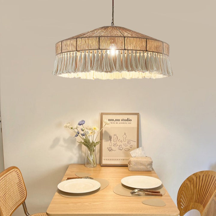 Suspension Luminaire Contemporain Bohème en Corde Tressée Ronde avec Gland 1-Lumière pour Salon 